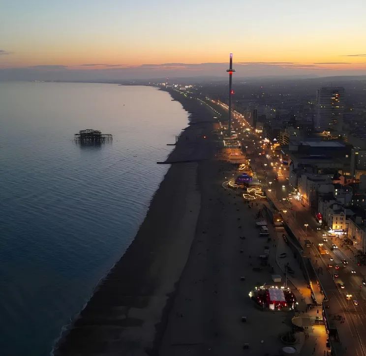 Brighton seafront aerial at dusk